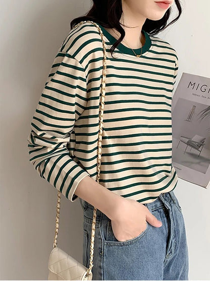 Women's Striped Long Sleeve Cotton T-Shirt