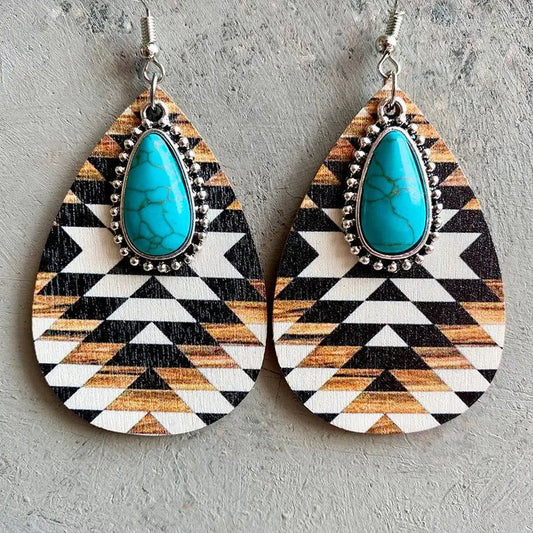 Boho Turquoise Teardrop Earrings with Aztec Design