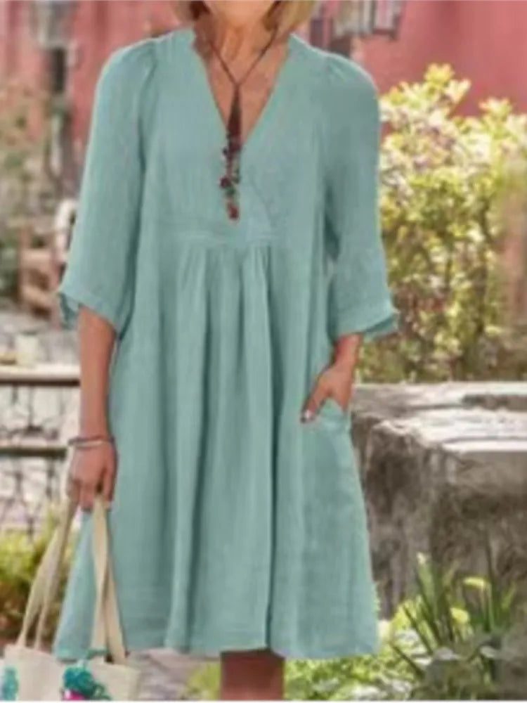 Elegant Cotton Linen Midi Dress for Women