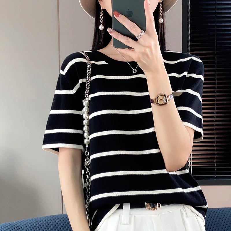 Casual Striped Cotton T-Shirt for Women