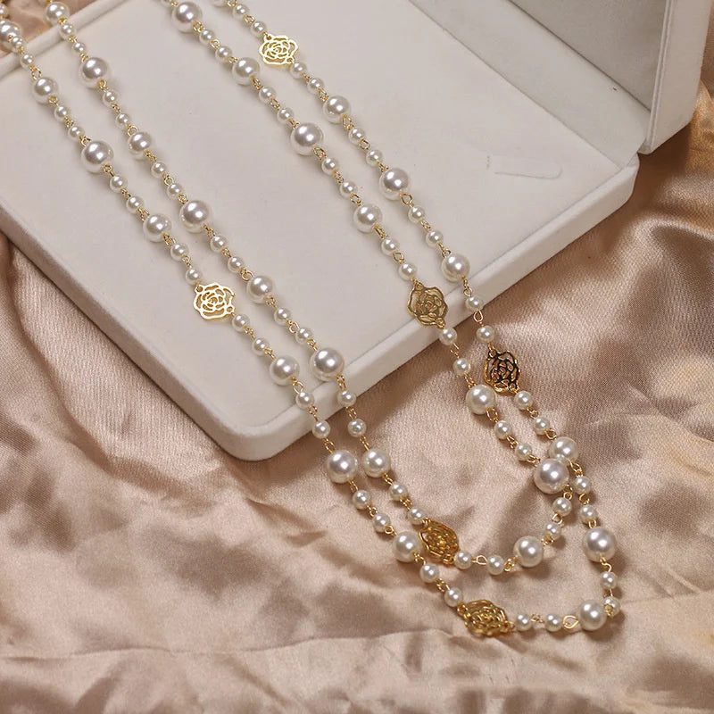 Elegant Vintage Camellia Pearl Long Necklace