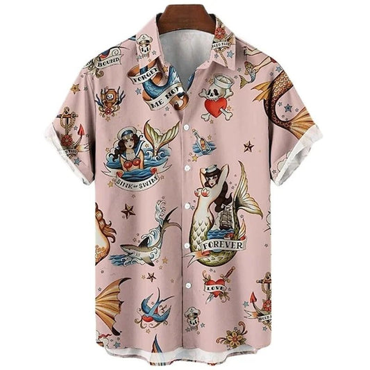 Men's Hawaiian Shirts: Retro Mermaid Print Summer