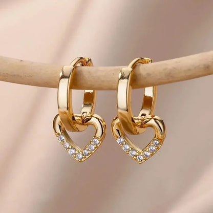 Waterproof Heart Zircon Gold Hoop Earrings