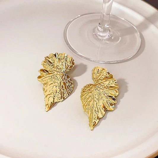 Vintage Geometric Gold Leaf Stud Earrings