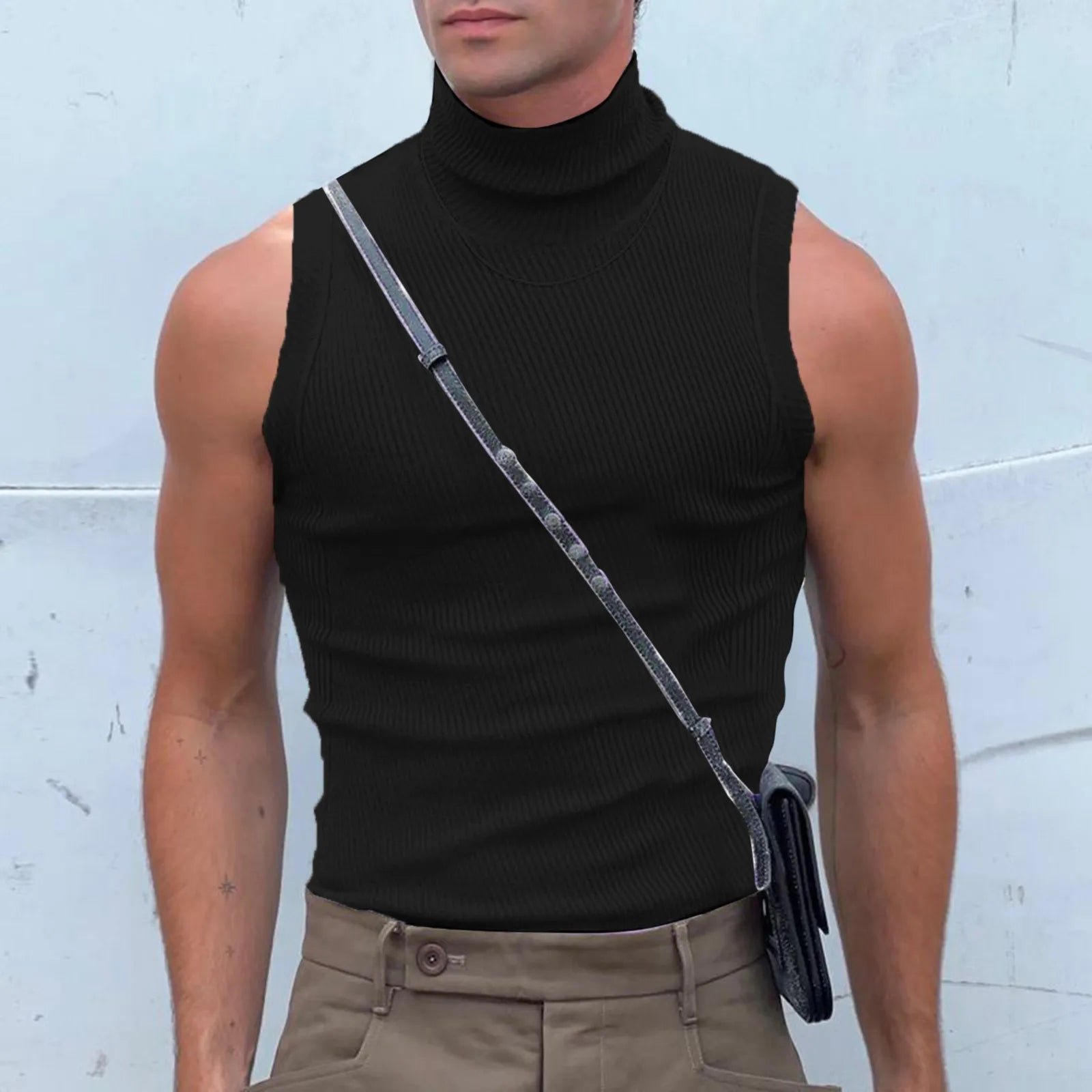Men's Ribbed Sleeveless Turtleneck Casual Tank Top