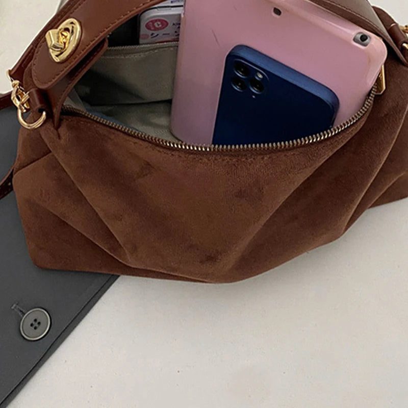 Versatile Brown Suede Handbag with Inner Pocket