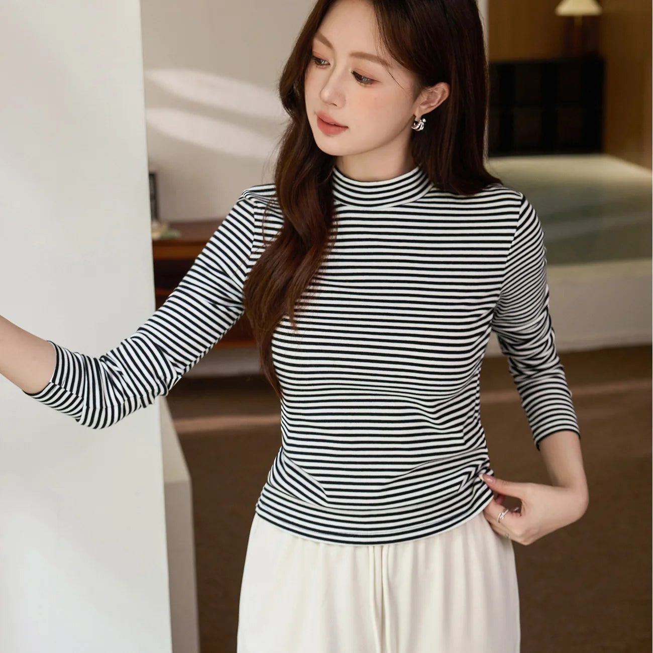 Women's Striped Cotton T-Shirt with Turtleneck