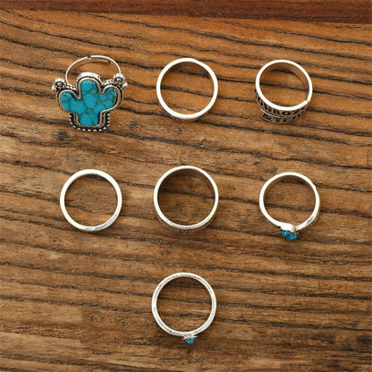 Vintage Western Cowboy Cactus Turquoise Ring Set