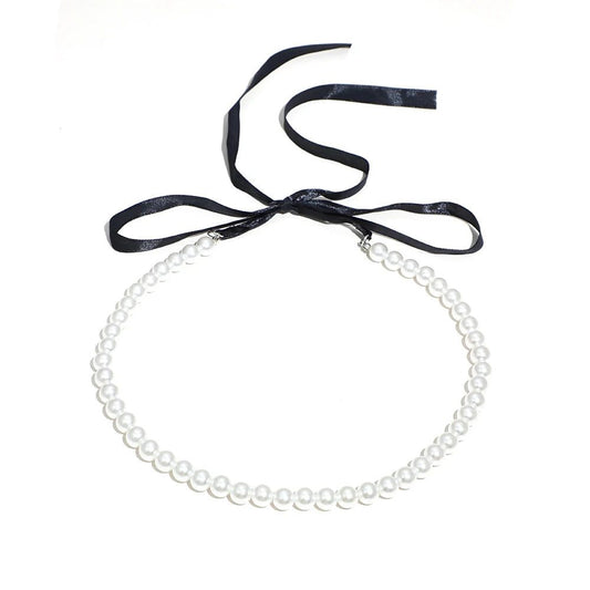 Gothic Black Velvet Choker with Pearl Beads