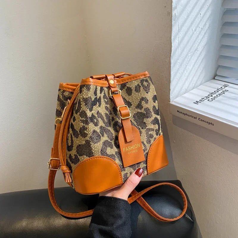 Leopard Print Crossbody Bucket Bag for Women