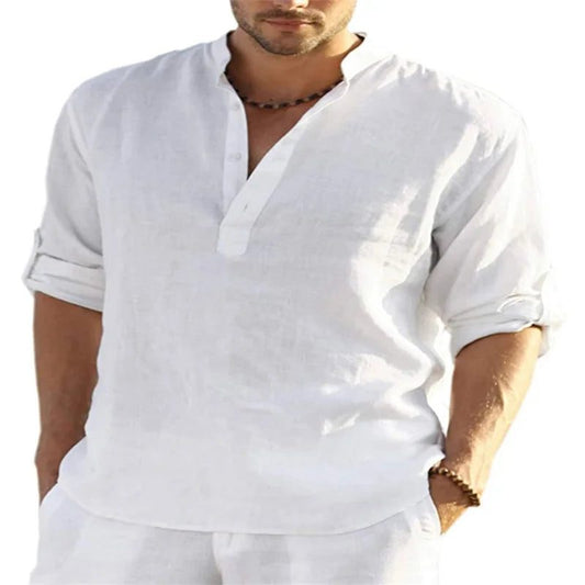 Men's V-Neck Cotton Linen Long Sleeve Shirt