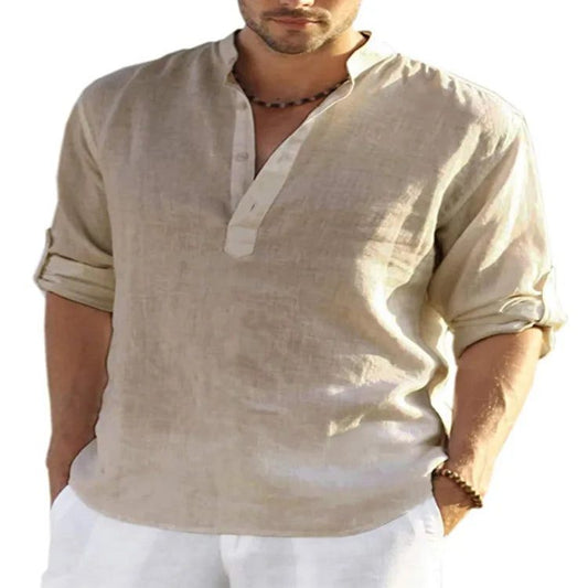 Men's V-Neck Cotton Linen Long Sleeve Shirt