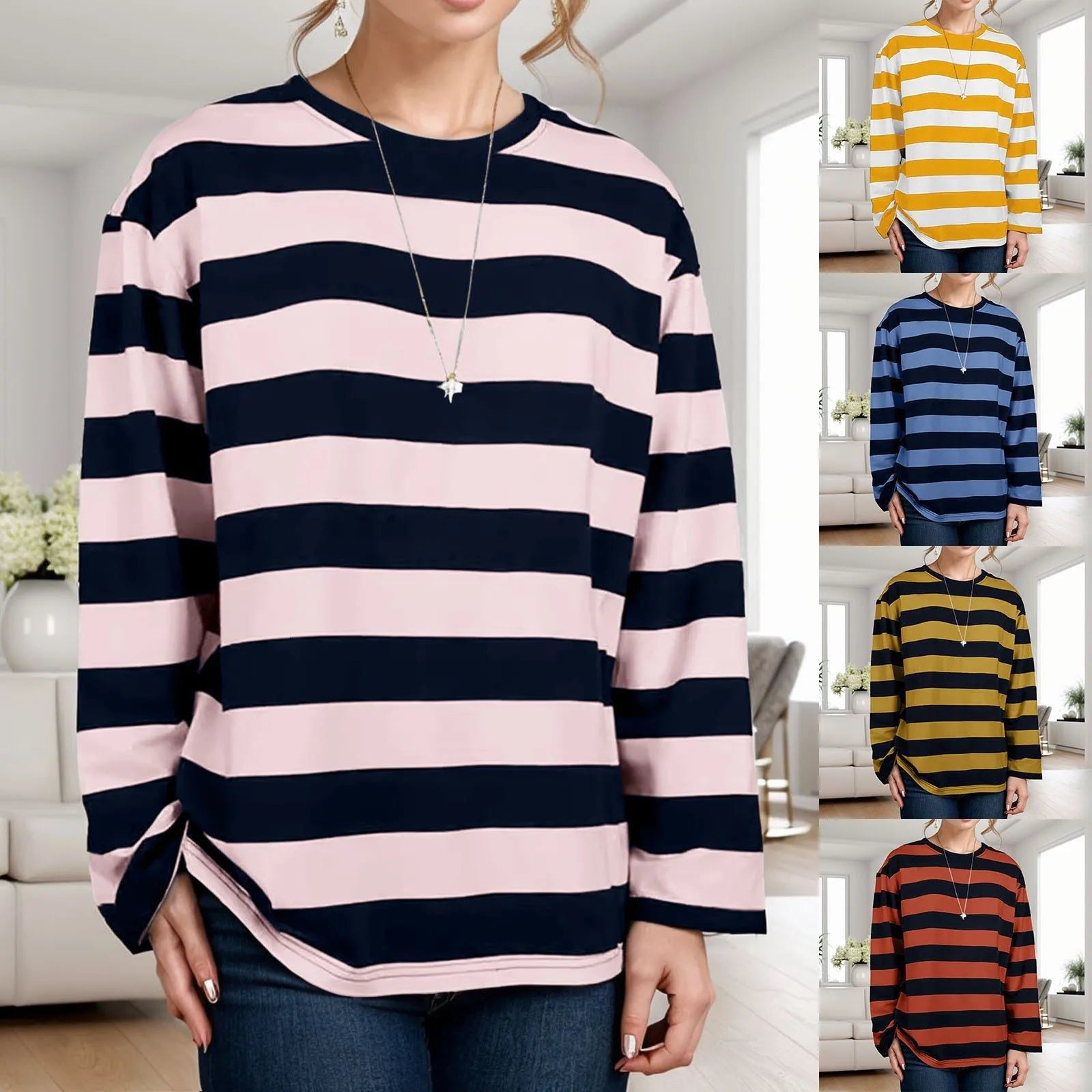 Women’s Oversized Blue Striped Long Sleeve T-Shirt