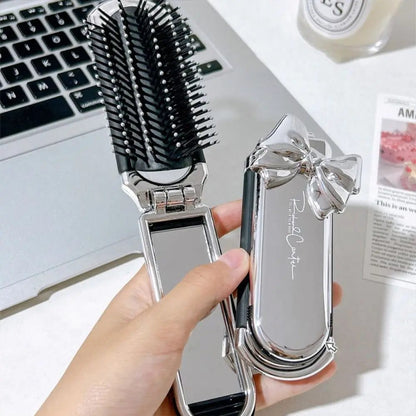 Portable Pink Silver Folding Comb Mirror Tool