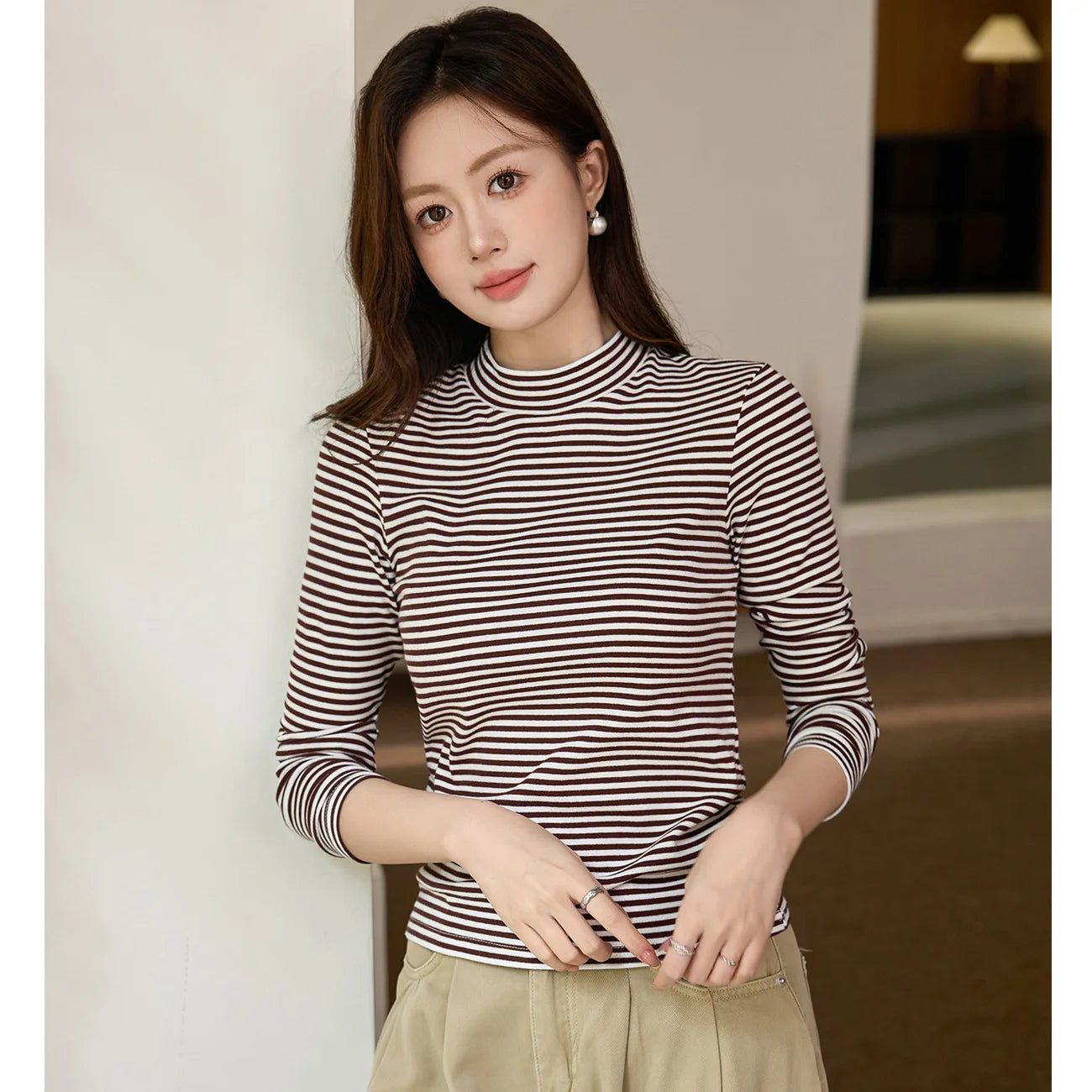 Women's Striped Cotton T-Shirt with Turtleneck