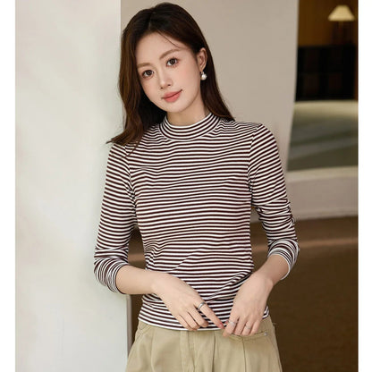 Women's Striped Cotton T-Shirt with Turtleneck