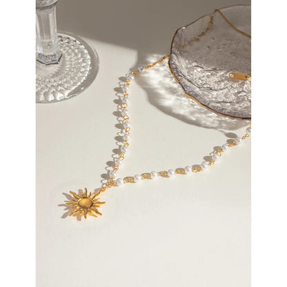 Waterproof Pearl Chain Sun Pendant Necklace