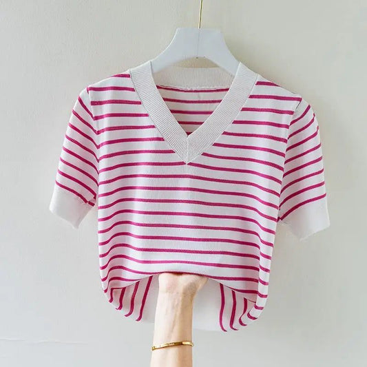 Summer V-Neck Striped T-Shirt for Women