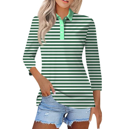 2024 Women's Striped Long Sleeve Polo Shirt