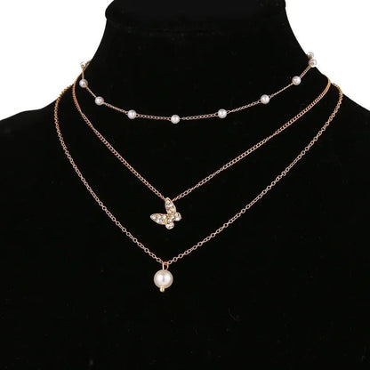 Trendy Butterfly Crystal Pearl Pendant Necklace
