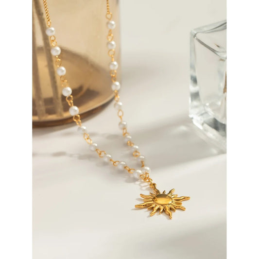 Waterproof Pearl Chain Sun Pendant Necklace