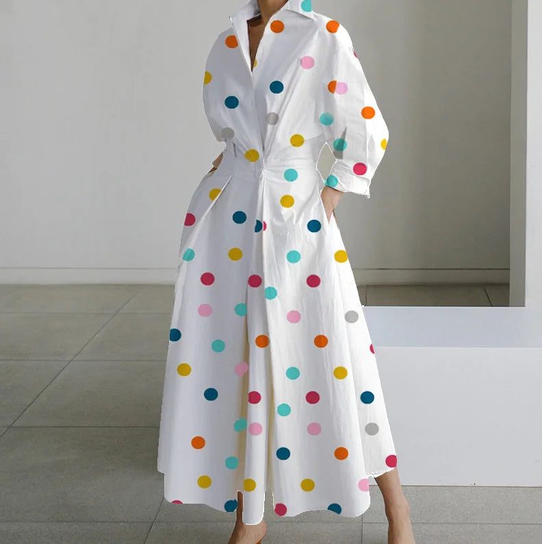 Elegant V Neck Polka Dot Midi Dress
