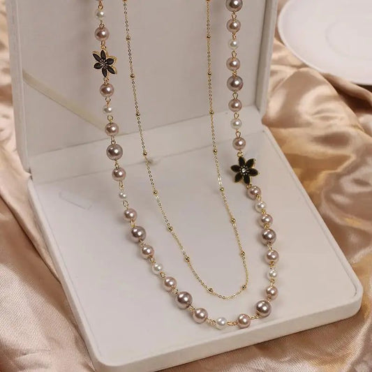 Elegant Vintage Camellia Pearl Long Necklace