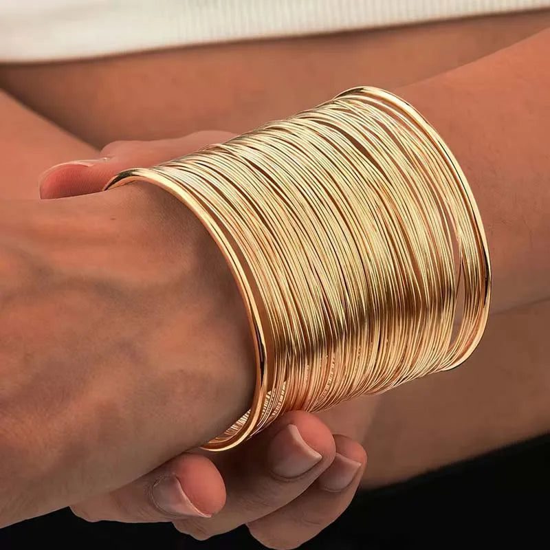 Vintage Gold Wide Wire Cuff Bracelet for Women