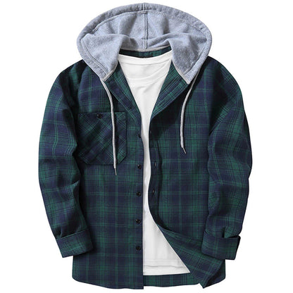 Men's Casual Plaid Flannel Hooded Shirt