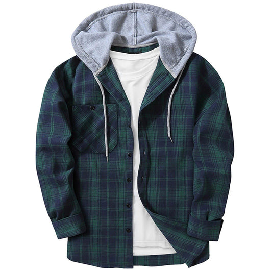 Men's Casual Plaid Flannel Hooded Shirt
