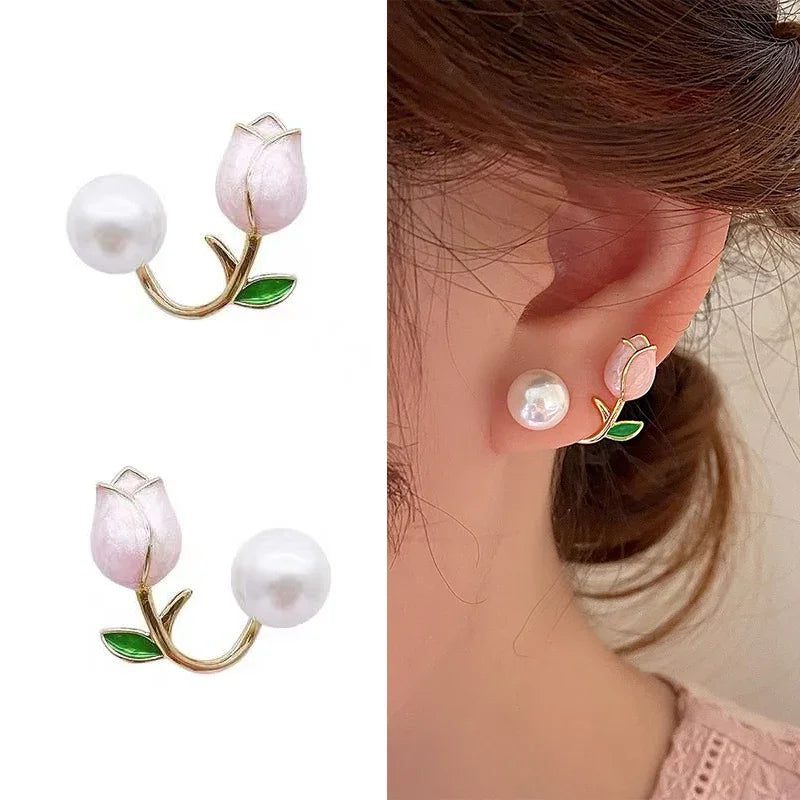 Elegant Pearl Tulip Flower Stud Earrings