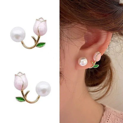 Elegant Pearl Tulip Flower Stud Earrings