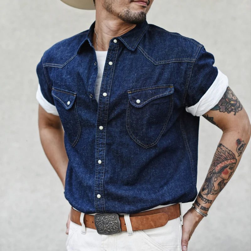 Vintage Indigo Denim Short Sleeve Linen Shirt
